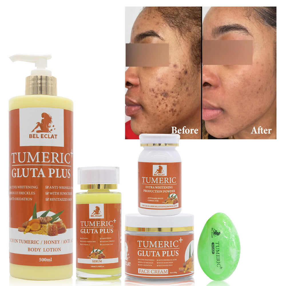 5D Gluta Curcumin skincare set for acne treatment; brightens skin, reduces dark spots, hydrates, and soothes irritation for a clearer, radiant complexion.