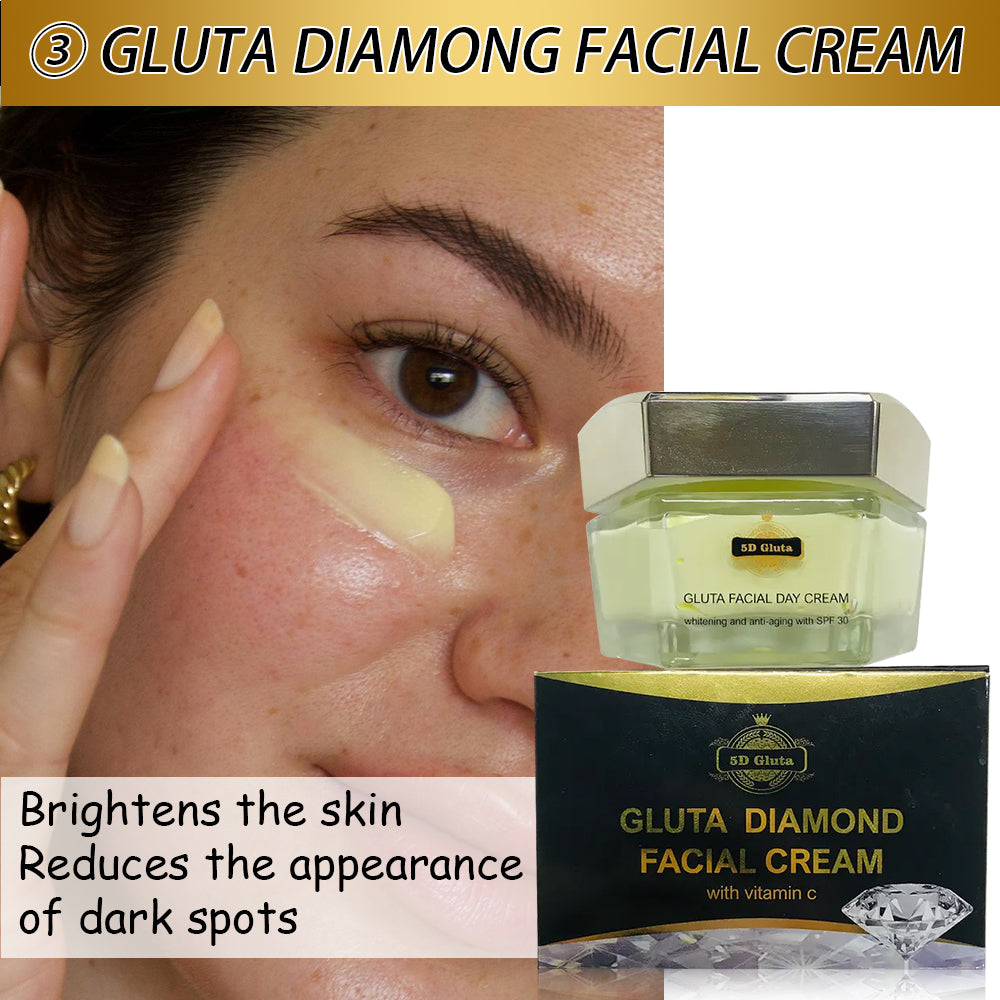 El juego de cuidado de la piel blanqueador 5D Gluta contiene loción, crema facial, jabón en aerosol, permanece impecable y brillante para la piel africana
