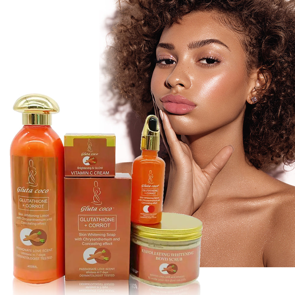 5D Gluta Carrot Brightening Lotion, Serum, Soap, and Scrub for effective skin lightening and firming