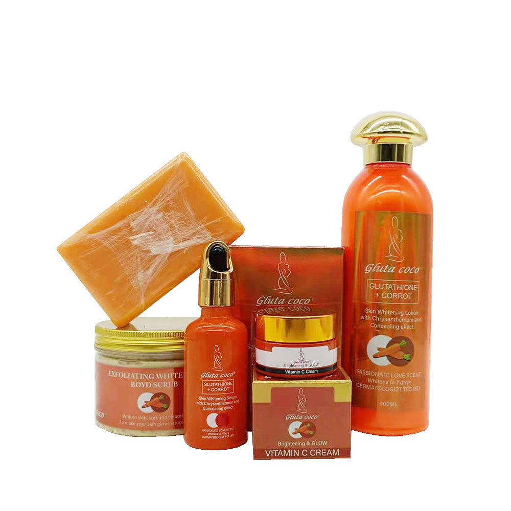 5D Gluta Glutathione + Carrot Brightening Skincare Set for glowing, youthful, and smooth skin