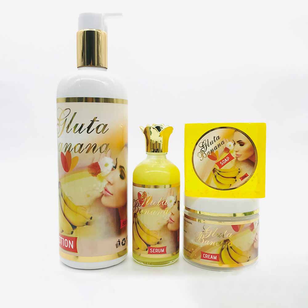 5D Gluta Banana Essence Whitening Moisturizing Skin Care Set with body lotion, essence, cream, and soap